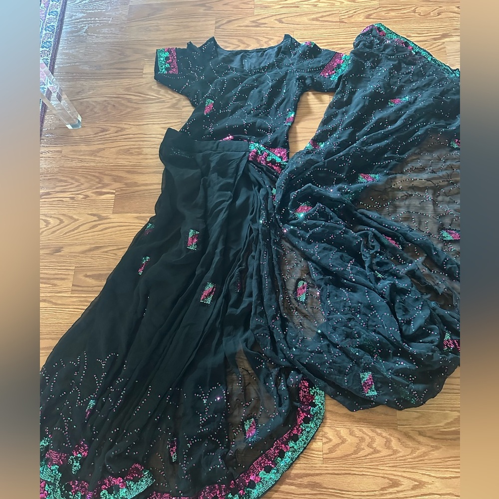 Elegant Black Saree with Pink and Green Accents